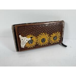 Western Tooled Leather Sunflower Cowhide Hair Wallet Steer Head